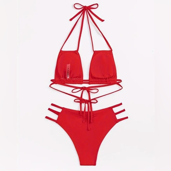 Red Halter Cut Out Bikini Set - Picture 7 of 9